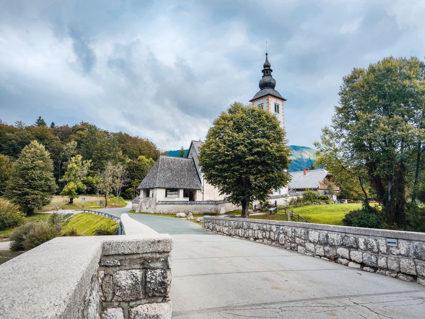 Church and stone bridge in Radovljica, Slovenia