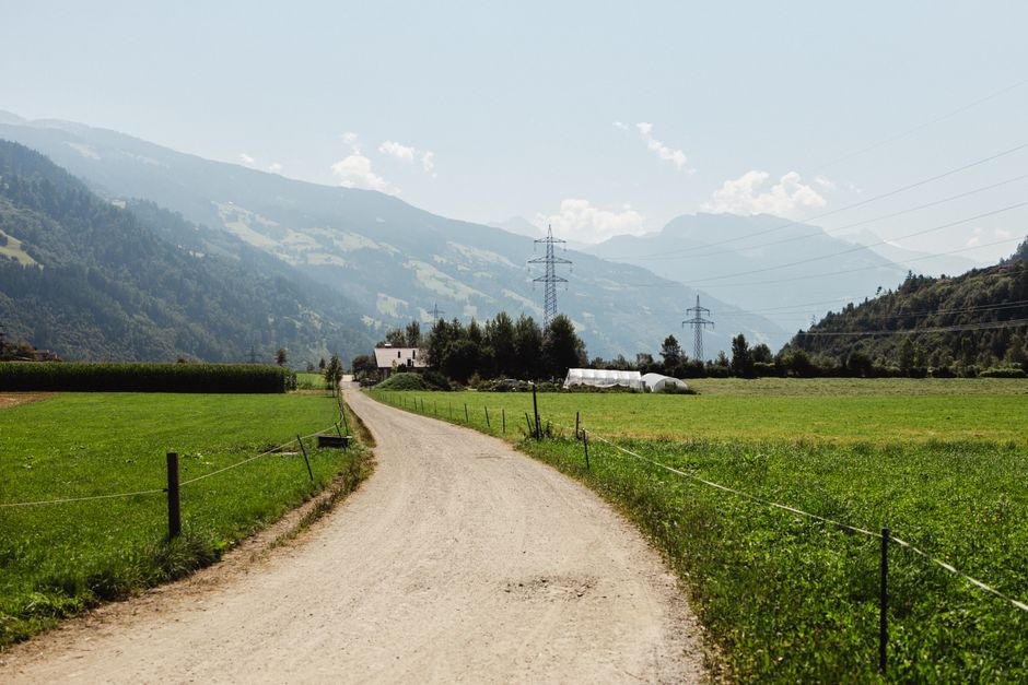 Explore a tranquil rural landscape with a dirt road leading through lush, green fields and majestic mountains.