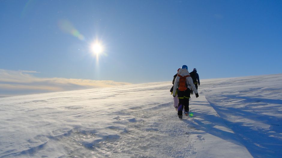 Group of people hiking on a snowy glacier under bright sunlight in Iceland.