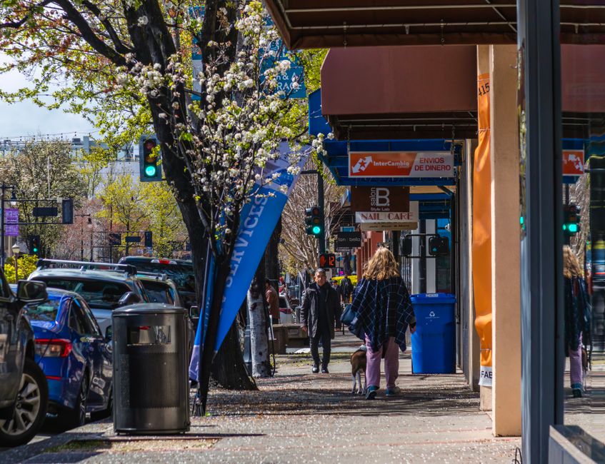 Vibrant urban scene showing people walking on a busy street lined with cars and storefronts.