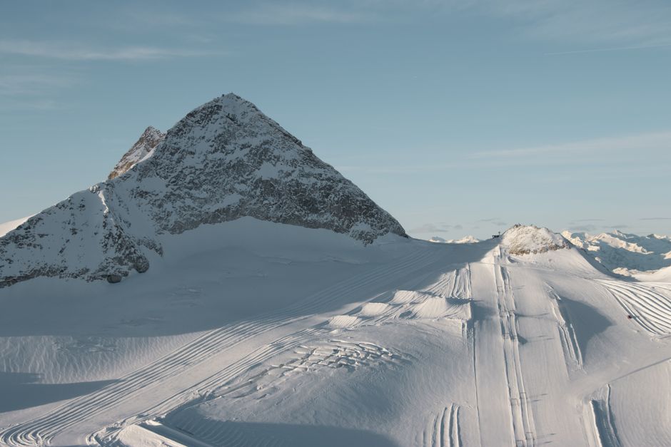Breathtaking view of snowcapped mountain peak and snowy landscape in Hintertux, Austria, perfect for winter adventure seekers.