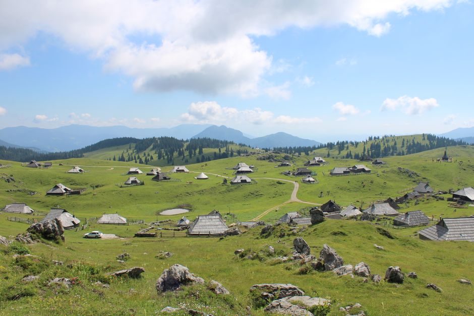Traditional huts on Velika Planina in summer
