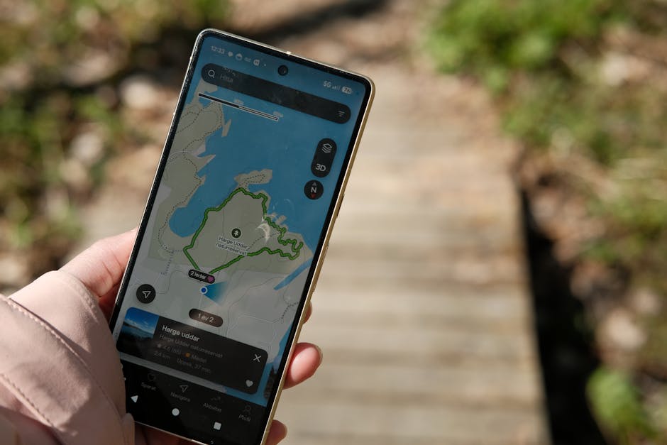 A hand holding a smartphone displaying a navigational map during a day hike in Örebro län, Sweden.